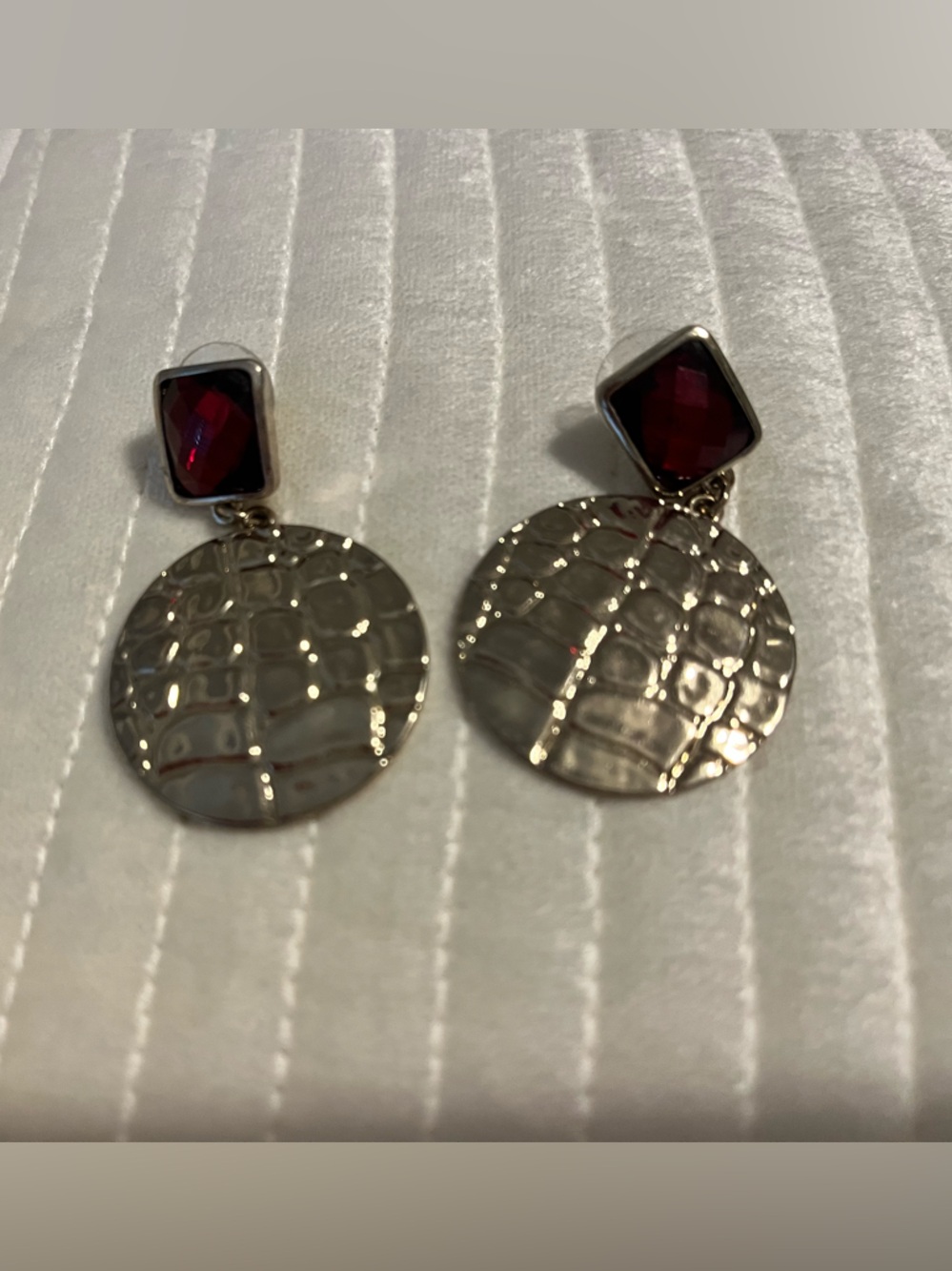 Gold Drop Earrings with Deep Red Gem Accents - Picture 2 of 2